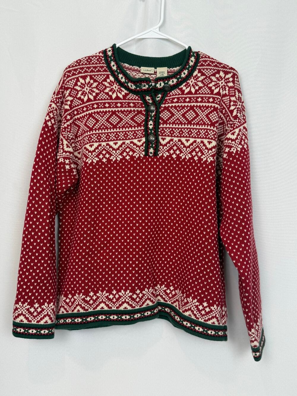 L.L.Bean Fair Isle Nordic Henley Sweater Large Red Cotton Snowflake
